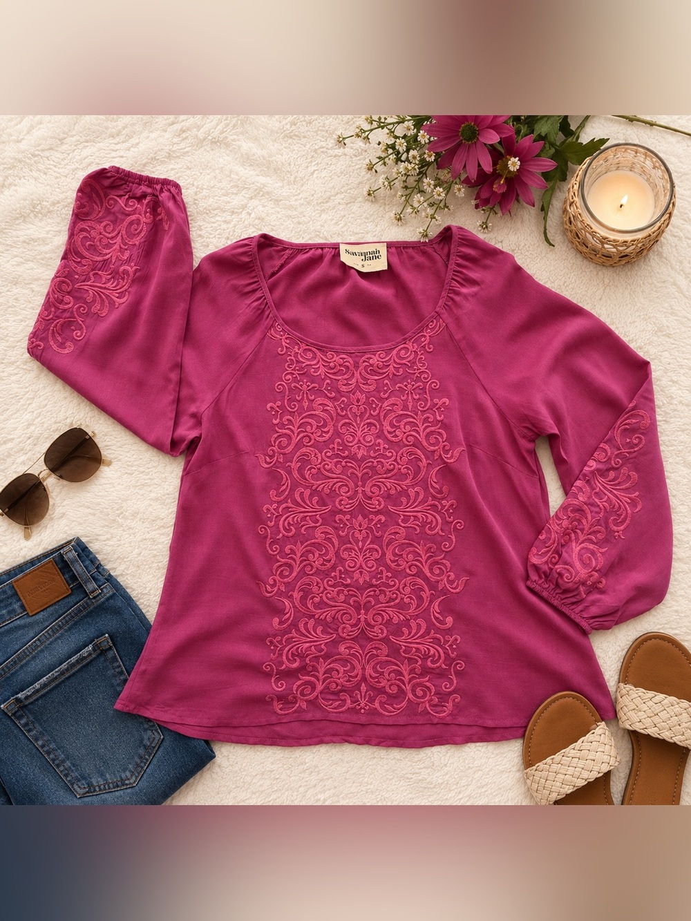 Savanna Jane Embroidered Boho Tunic Top Pink Magenta Rayon Size S